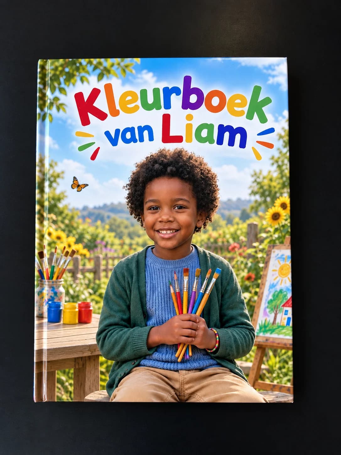 Gesloten kleurboek met Liam op de kleurrijke omslag en zijn naam in de titel
