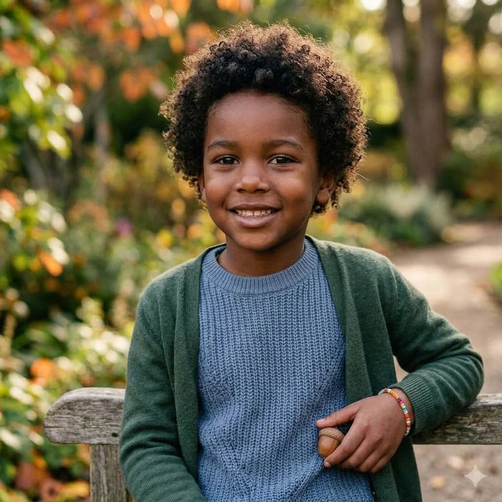 Liam met krullend haar en een groen vest op de originele foto